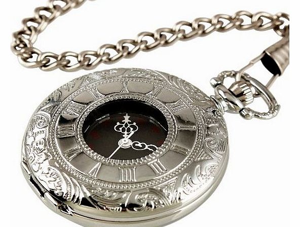 Mens Stainless Steel Case Black Roman Numeral Antique Pocket Watch with Chain WP001