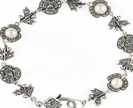 Esse Marcasite Sterling Silver Fresh Water Pearl and Marcasite Flower Girl Bracelet with Fancy Clasp 17cm Long