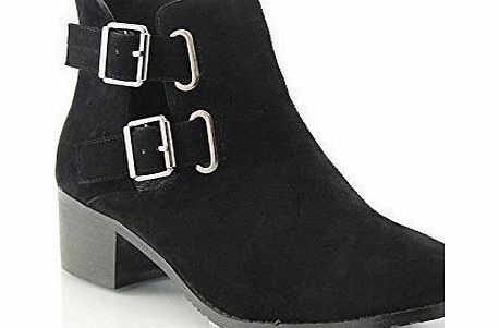 ESSEX GLAM WOMENS LADIES VINTAGE PIXIE LOW HEEL SHORT CUT OUT CHELSEA ANKLE BOOTS SIZE 3-8 (UK 3 / EU 36, BLACK FAUX SUEDE)