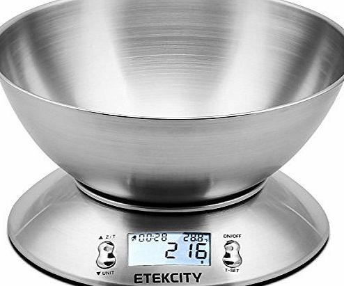 Etekcity 11lb/5kg Stainless Steel Digital Kitchen Food Scale, with Detachable Mixing Bowl, Backlight LCD Display and Kitchen Timer Alarm, Silver