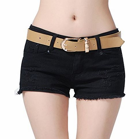 Etosell Chic Ladies Low Waist Short Pants Cut-Off Jeans Hole Solid Denim Shorts Black M