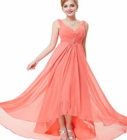 Ever Pretty Double V-neck Rhinestones Ruched Bust High Low Evening Dress 10UK Coral