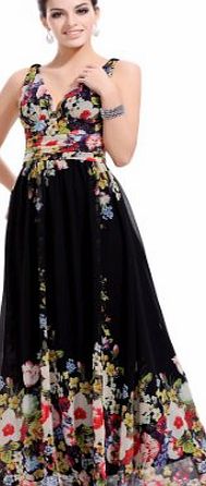 Ever-Pretty Ever Pretty Sexy Double V-neck Floral Printed Chiffon Evening Party Prom Maxi Dress 09636, HE09636BK06, Black, 6UK