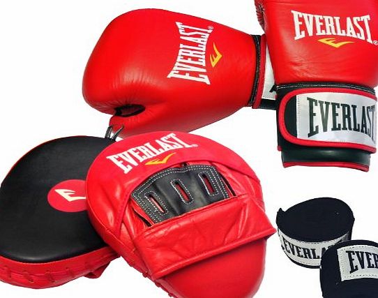 Everlast Leather Boxing Gloves, Hook amp; Jab Pads and Hand Wraps Set