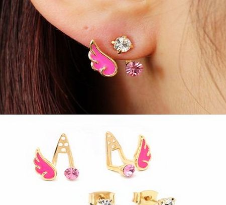 Everyday June Womens Pierced Ear Jacket Earrings Frontamp;Back Two-Way Stud Angel Gold Plated Enamel Cubic Zirconia Pink Blue White (Pink)