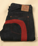 Evisu Mens Dark Denim Button Fly Jeans With Large Red Evisu Logo