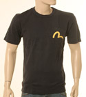 Evisu Mens Navy Short Sleeved T-Shirt With Yellow Evisu Logo on Pocket