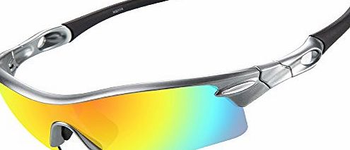 Ewin E02 Polarized Sports Sunglasses, 5 Interchangeable Lenses for Golf Fishing Cycling Driving Running Glasses (Silveramp;Grey)
