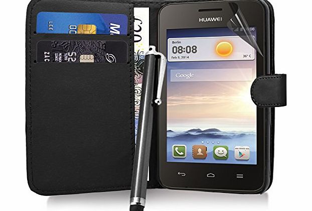 Excellent Accessories Huawei Ascend Y330 - Black Exclusive Leather Easy Clip On WALLET / FLIP Case / Cover / Pouch With Card Holders amp; Clear Screen Protector amp; Black High Capacitive Stylus Pe