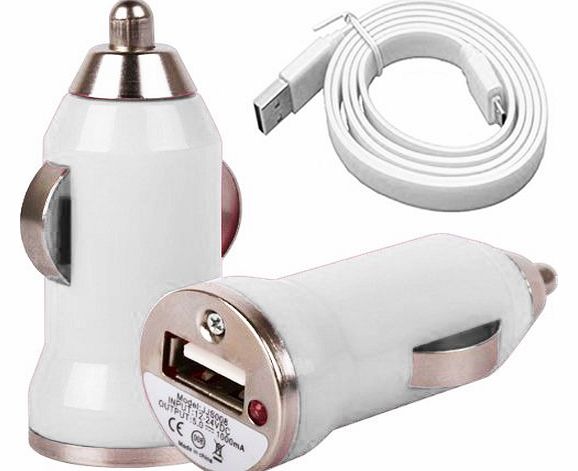 Nokia Lumia 630 / 635 - White Universal Mini USB Bullet Style DC In Car Charger 12V USB Adapter + Micro USB Data Cable ( 2-in-1 Pack )