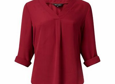 Exclusives Dark Red Sheer Notch Neck Roll Sleeve Blouse