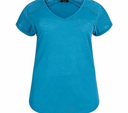 Inspire Turquoise V Neck Broderie Sleeve T-Shirt