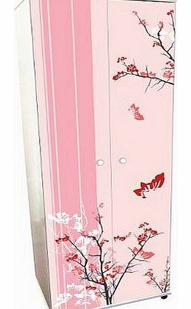 Pink Floral Design Childrens/Kids White Wardrobe Bedroom Furniture