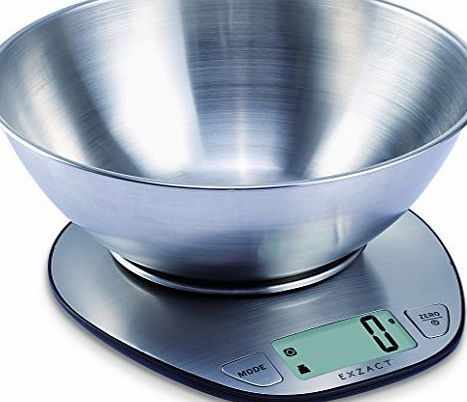 Exzact EX4350 Premium Large Display Electronic Wet and Dry Food Weighing Kitchen Scale with Stainless Steel Mixing Bowl - 5 Kilogram / 11 Pound