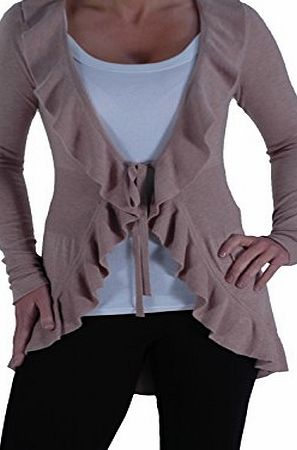 Eye Catch EyeCatch - Womens Gillet Long Sleeve Frill Tye Cardigan Ladies Cardi Beige S/M