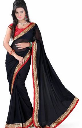 Fabdeal Indian Bollywood Designer Chiffon Georgette Black Plain With Lace Border Saree Sari Sarees