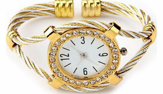 Gold Tone Rope Lady Rhinestone Wrist Watch Bangle Bracelet Cuff