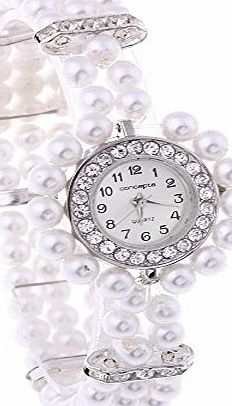 FACILLA White Metal Faux Pearl Glass Beads Bracelet Bangle Watch Lady 0.24``