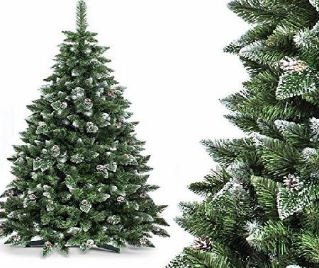 FairyTrees  artificial Christmas tree, natural white snow, PVC material, real pine cones, incl. stand, 6ft / 180 cm, FT03-180