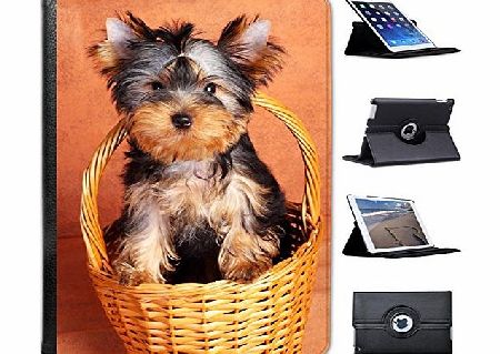 Fancy A Snuggle Cute Puppy Sat in Picnic Basket For Apple iPad Air Faux Leather Folio Presenter Case Cover Bag with Stand Capability