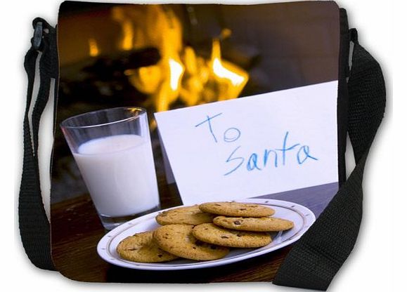 Milk & Cookies in Front of Fireplace with Note to Santa Small Black Canvas Shoulder Bag / Handbag
