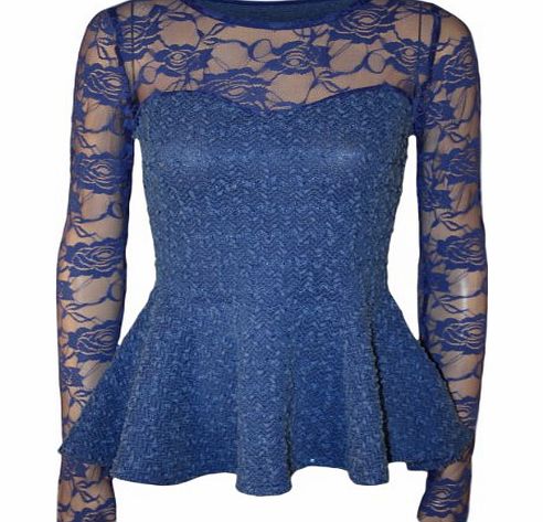 Fashion 4 Less Womens Long Sleeve Lace Mesh Peplum Top (ML-UK(12-14), Royal Blue)