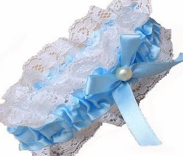 Fashion Accessory Blue Ribbon And Lace Garter With Centre Pearl Bead And Blue Ribbon Bow