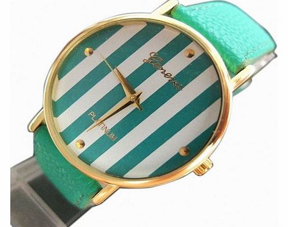 Fashion Base Hot New Stripes Big Dial Light Green Leather Band Women Lady Watch High Quality Quartz Watches