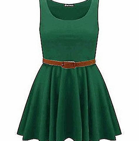 FASHION FAIRIES NEW LADIES PLUS SIZE COLOUR BLOCK BELTED FLARED SKATER SKIRT WOMENS DRESS 16-26[GREEN,UK 20-22]