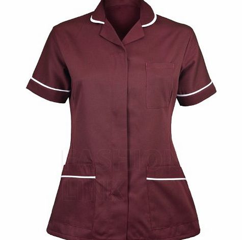 Fashion Link Womens Healthcare Tunic Round Collar Tunics Nurses Uniform Maid Dresses (10, Burgundy)