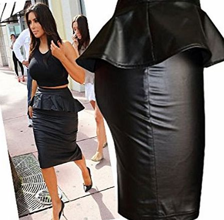 Fashion Mark - Womens Plus Size Wet Look Peplum Pencil Skirt Ladies Celebrity PVC Leather Skirt - Black - Sizes 8-24 (SM=8/10, Black)