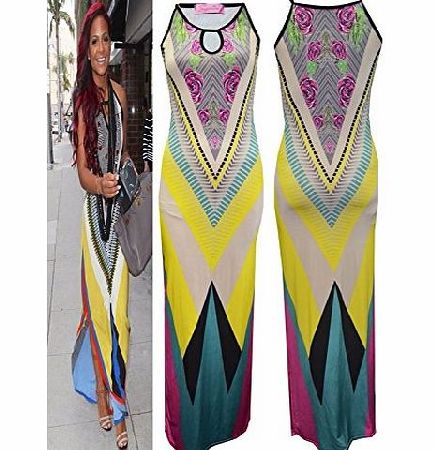 Fashion Mark - Womens Sleeveless Celebrity Inspired Aztec Tribal Colorful Midi Maxi Dress - Size 8-14 (SM (8-10), Yellow)