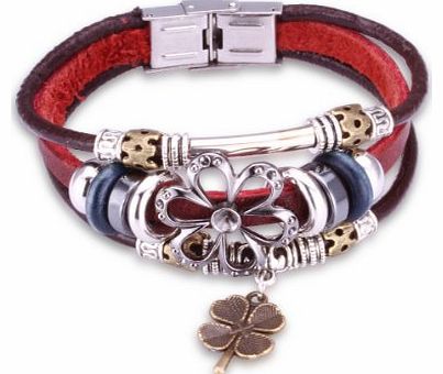 Brand New Silver Plated Sunflower Design Vintage Deep Red Leather Bracelet With A Brass Four Leaf Clover Dangle L168