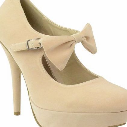 Fashion Thirsty LADIES WOMENS HIGH HEEL PLATFORM ANKLE STRAP BOW STILETTO COURT SHOES SIZE (UK 5 / EU 38 / US 7, Nude Suede)