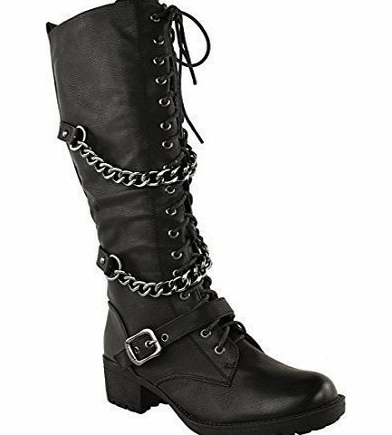 Fashion Thirsty LADIES WOMENS KNEE HIGH MID CALF LACE UP BIKER PUNK MILITARY COMBAT BOOTS SHOES (UK 4, Black Faux Leather)