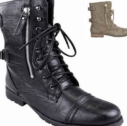 WOMENS LADIES ARMY COMBAT LACE UP GRUNGE MILITARY BIKER PUNK GOTH ANKLE BOOTS (UK 6, Black Faux Leather)