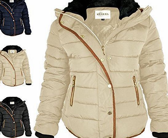 Fashion Thirsty WOMENS LADIES QUILTED WINTER COAT PUFFER FUR COLLAR HOODED JACKET PARKA SIZE NEW (UK 16, Beige Cream / Brown Trim)