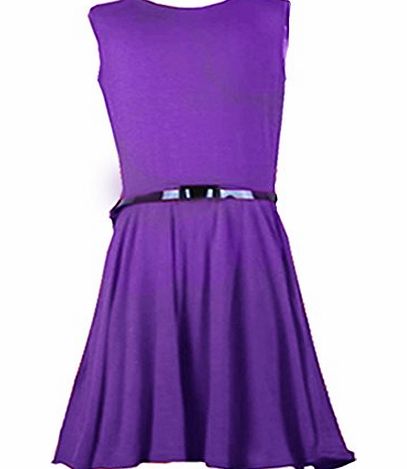 FAST TREND CLOTHING New Girls Plain Skater Dress Kids Party Dresses With Free Belt Age 7 8 9 10 11 12 13 Year (7-8, Purple)
