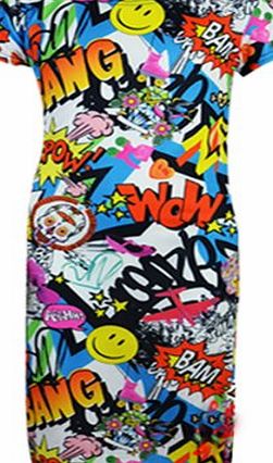 FAST TREND CLOTHING New KIDS TWEEN GIRLS Smiley Bang Bang Comic Printed Midi Dress/Pencil Skirt/Crop Top/Legging AGE 7-13 YEARS (9-10, Midi Dress)