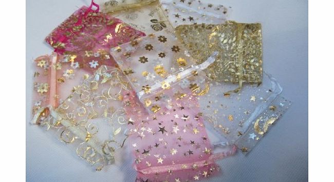 25 x mixed Premium Quality design: stars, flowers, moon, gift organza jewellery pouches: gold, silver, pink red, 7cmx7cm posted from London by Fat-catz