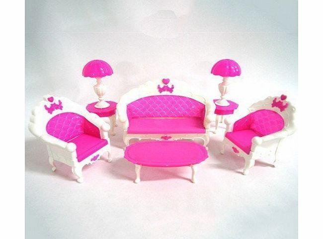 Barbie Sindy doll sized Pink Living room Furniture Set: Sofa, Chairs, Tables & Lamps - posted from London By Fat-Catz-copy-catz