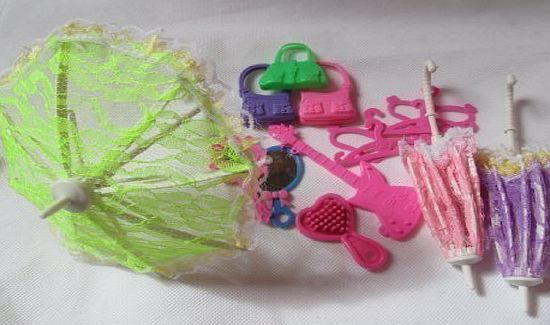 fat-catz-copy-catz Set of 15 Barbie Dolls sized accessories: Umbrella, handbag, brush, mirror, guitar, hangers & sh