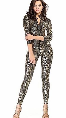 Fedo Golden Snake Skin Tight Zipper Pipe Dance Outfit Siamese Leather M-XL