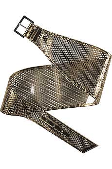 Gold patent leather perforated cummerbund belt with clear vinyl lining.