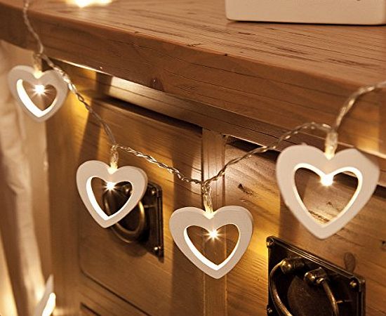 Festive Lights White Wooden Battery Fairy String Lights with Timer, 10 Warm White LED by Festive Lights (Heart)