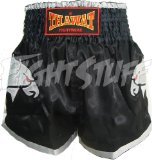 FightStuff Thawat Black w. Silver Eagle Muay Thai Boxing Shorts, L