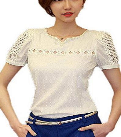 Finejo Women Girls Elegant V Neck Chiffon Shirt Hollow Short Sleeve Casual Blouse