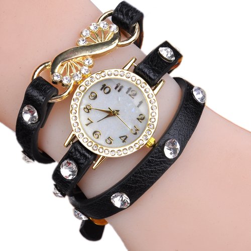 Womens Quartz Weave Wrap Synthetic Leather Wrist Watch Black