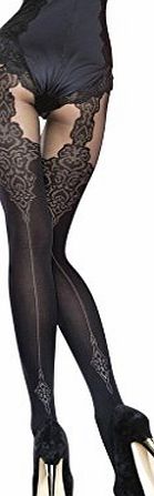 Fiore Gladis 40 Denier Mock Suspender Patterned Tights (Medium, Black)