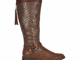 Brown fish scale knee-high boots